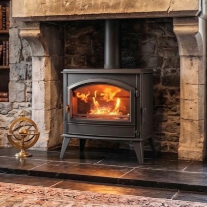 Poêles à bois en fonte BRUTUS Classic de 12 kW pour buches de 50 cm avec rechargement du bois par porte latérale.