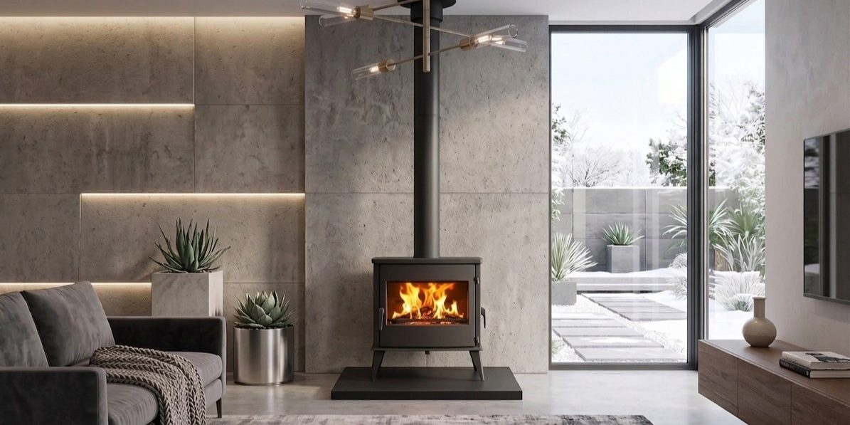 Poêles à bois en fonte BRUTUS Style de 12 kW pour buches de 50 cm avec rechargement du bois par porte latérale.