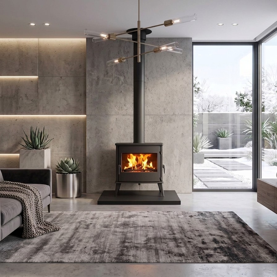Poêles à bois en fonte BRUTUS Style de 12 kW pour buches de 50 cm avec rechargement du bois par porte latérale.
