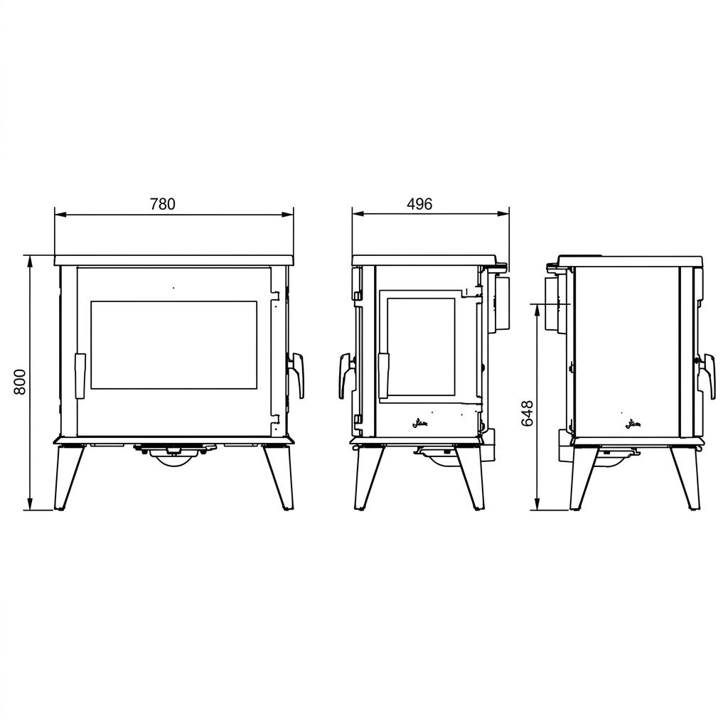 Dimensions poêles à bois en fonte BRUTUS Style de 12 kW, largeur 780 mm, profondeur 496 mm, hauteur 800 mm.