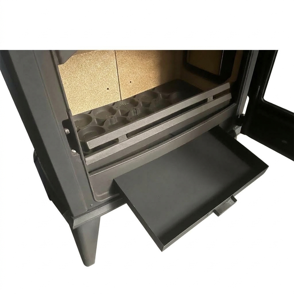Poêles à bois en fonte BRUTUS Style de 12 kW pour buches de 50 cm avec rechargement du bois par porte latérale.