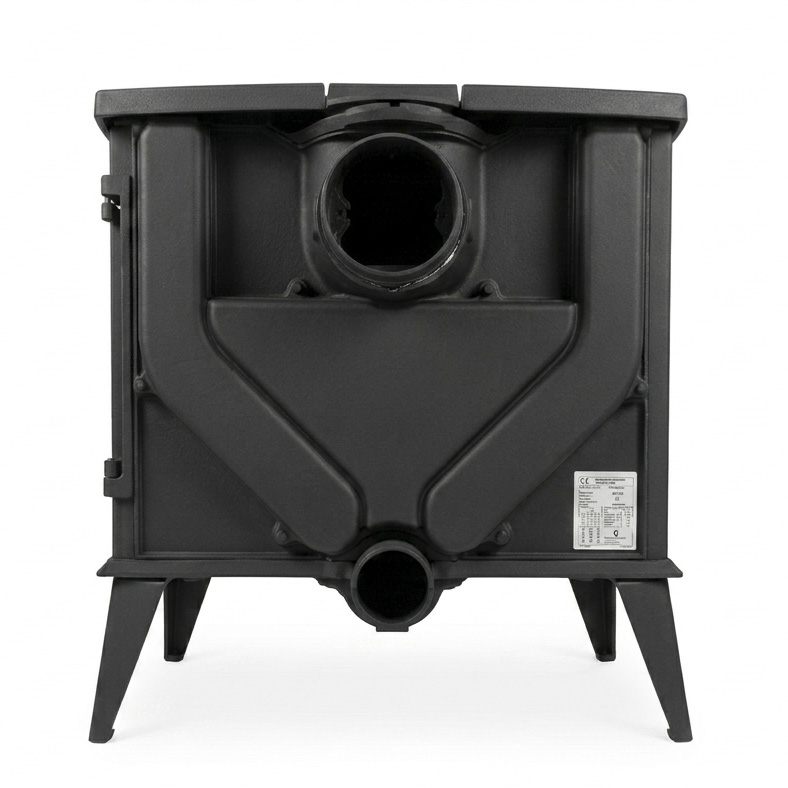 Poêles à bois en fonte BRUTUS Style de 12 kW pour buches de 50 cm avec rechargement du bois par porte latérale.