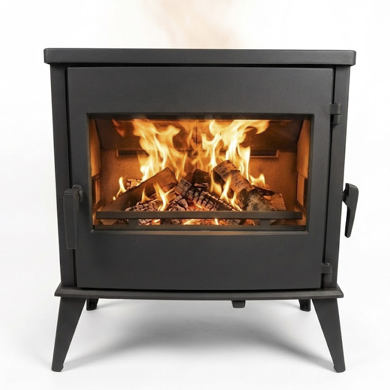 Poêles à bois en fonte BRUTUS Style de 12 kW pour buches de 50 cm avec rechargement du bois par porte latérale.