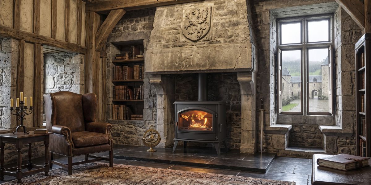 Poêles à bois en fonte BRUTUS Classic de 12 kW pour buches de 50 cm avec rechargement du bois par porte latérale.