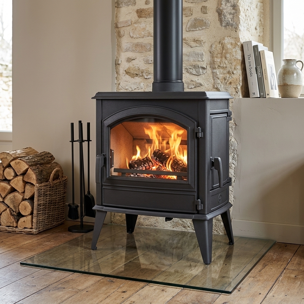 Poêles à bois en fonte URUS Classic de 9 kW pour buches de 40 cm avec rechargement du bois par porte latérale.